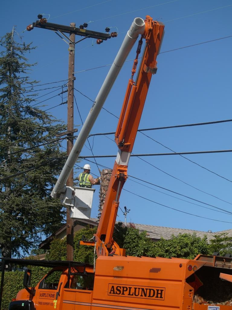 Tree care workers in a crane in order to repair power cords that were damaged by a tree in a storm